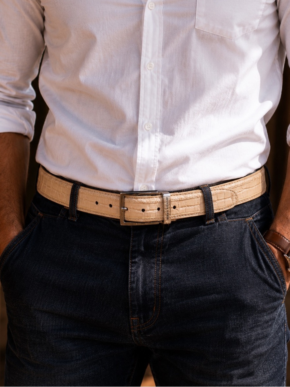 Stacy Adams Cream Croc Embossed Leather Belt